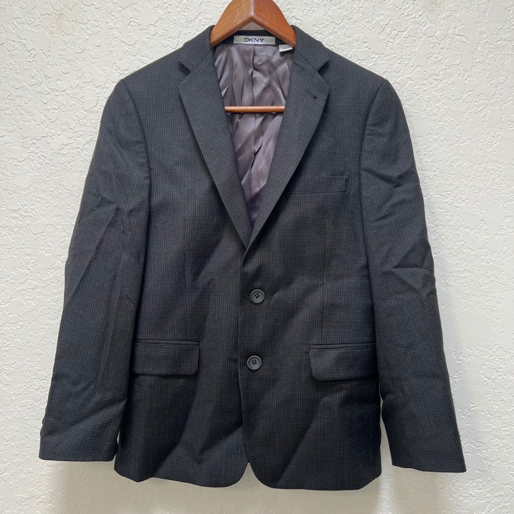 DKNY Boys Charcoal Grey 100% Wool Blazer Jacket Size 14 Formal Holiday Suit Coat